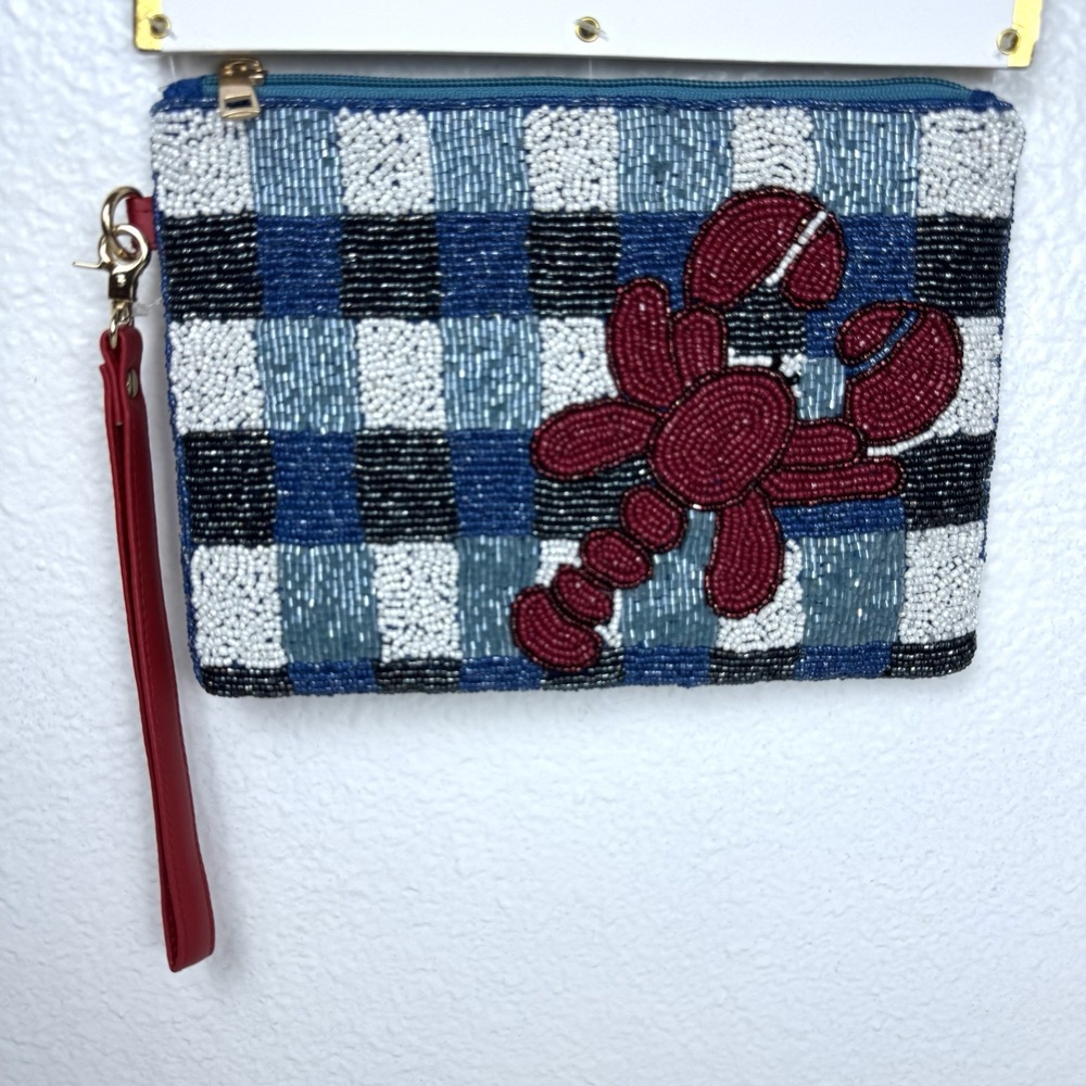New House of Harlow 1960 Beaded Lobster Plaid Wristlet Clutch Travel Pouch